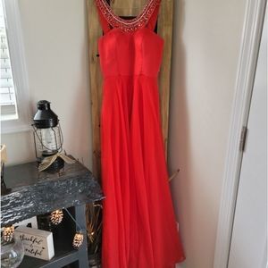 Sherri Hill Red Long Red Dress Gem Neckline size 4